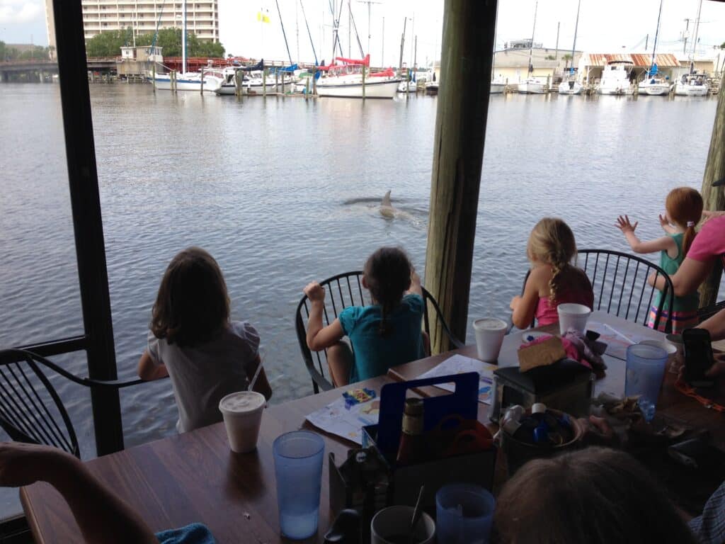 Bayou Joe's On Massalina Bayou photo of kids enjoying view of the water at the dinner table | waterfront restaurant in Panama City, Florida offering breakfast, lunch & dinner with a view